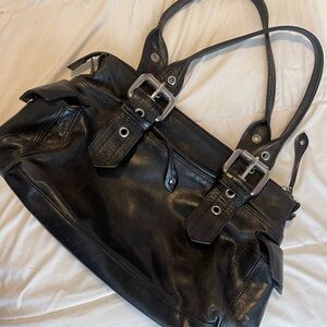 Francesco Biasia Black Leather Double-Handle Shoulder Bag